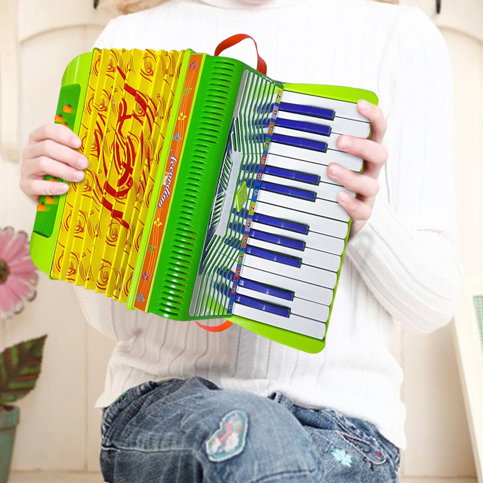 Acordeón de 24 Key 12-bass, Aprendizaje Fácil, Sonido Fantástico, Material Ecológico, Acordeón ABS para Principiantes, Rendimiento, Práctica, Incluye Correa (GREEN)