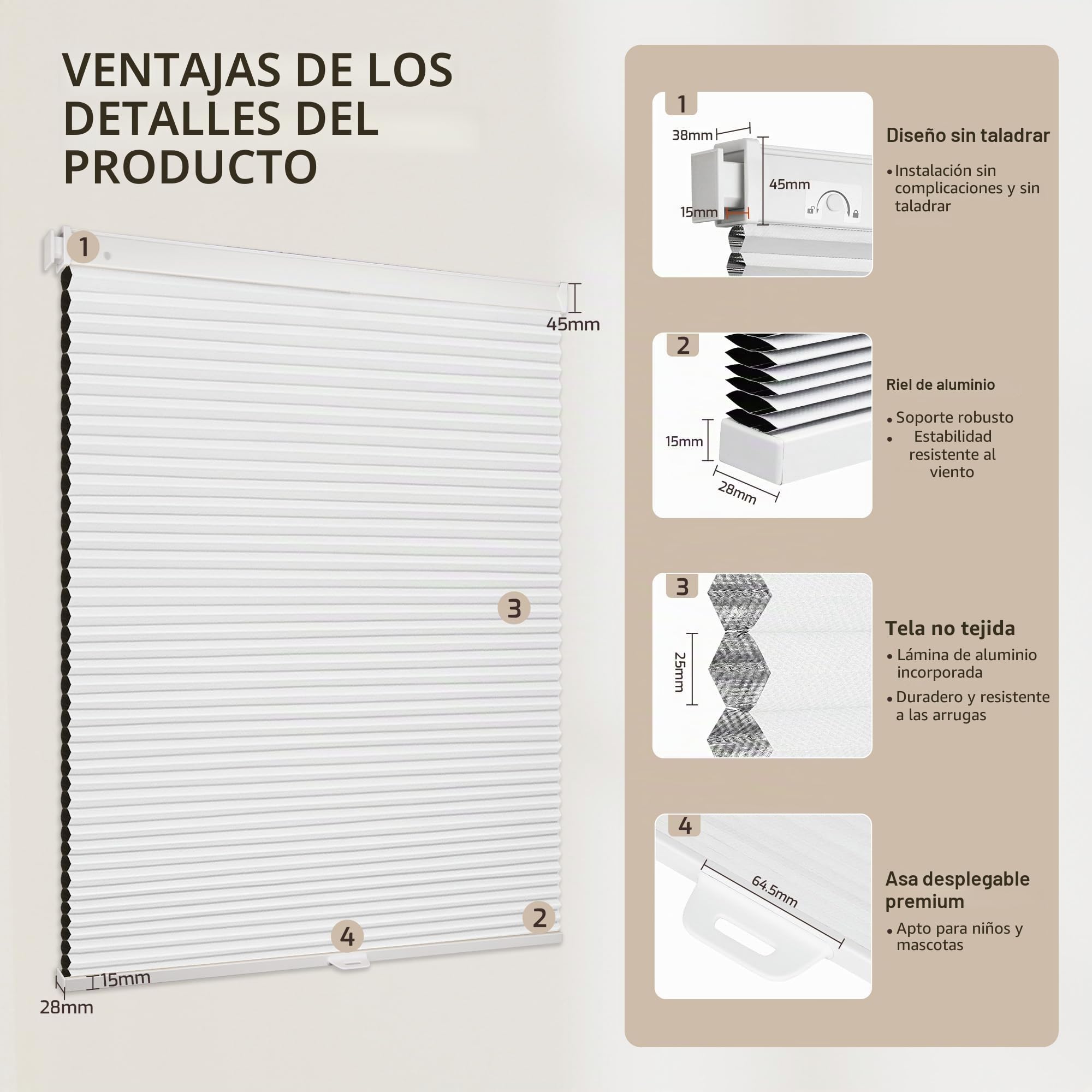 Grandekor Estores Celulares Inalámbricos Sin Herramientas Sin Taladro, 89 cm An x 163 cm Al, Estores Opacas de Panal para Ventanas Interiores, Protección UV, Privacidad Sin Taladro para Hogar, Puerta