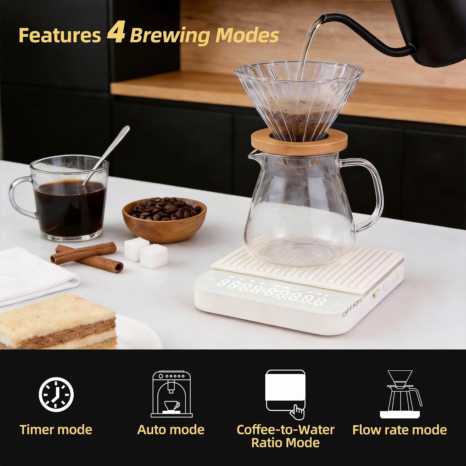 ShanSon Mini Coffee Scale with Timer,0.1g High Precision Espresso Scale,2kg/0.1g Digital Kitchen Scale with Flow Rate,USB-C Rechargeable,Waterproof Surface,Auto Timer for Pour Over & Espresso,Beige