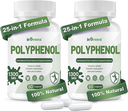 inGreens 25-in-1 Polyphenols Supplement, Powerful Antioxidants & Polyphenol for Age Defense, Polyphenol Superfood, Quercetin, Resveratrol, Plant-Based & Energy, Immune Support, 60 Capsules | Potent Polyphenol Antioxidants (Quercetin, Resveratrol) Plant Superfood for Anti-Aging, Energy & Immune Support