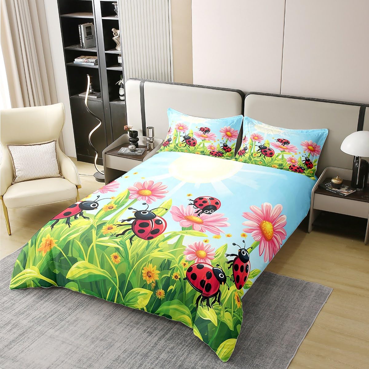 Homewish Set di biancheria da letto con copripiumino singolo a sette pois, 100% cotone, motivo coccinella, per bambini, ragazzi, ragazze, sole, floreale, botanico, verde, rosso, morbido e comodo