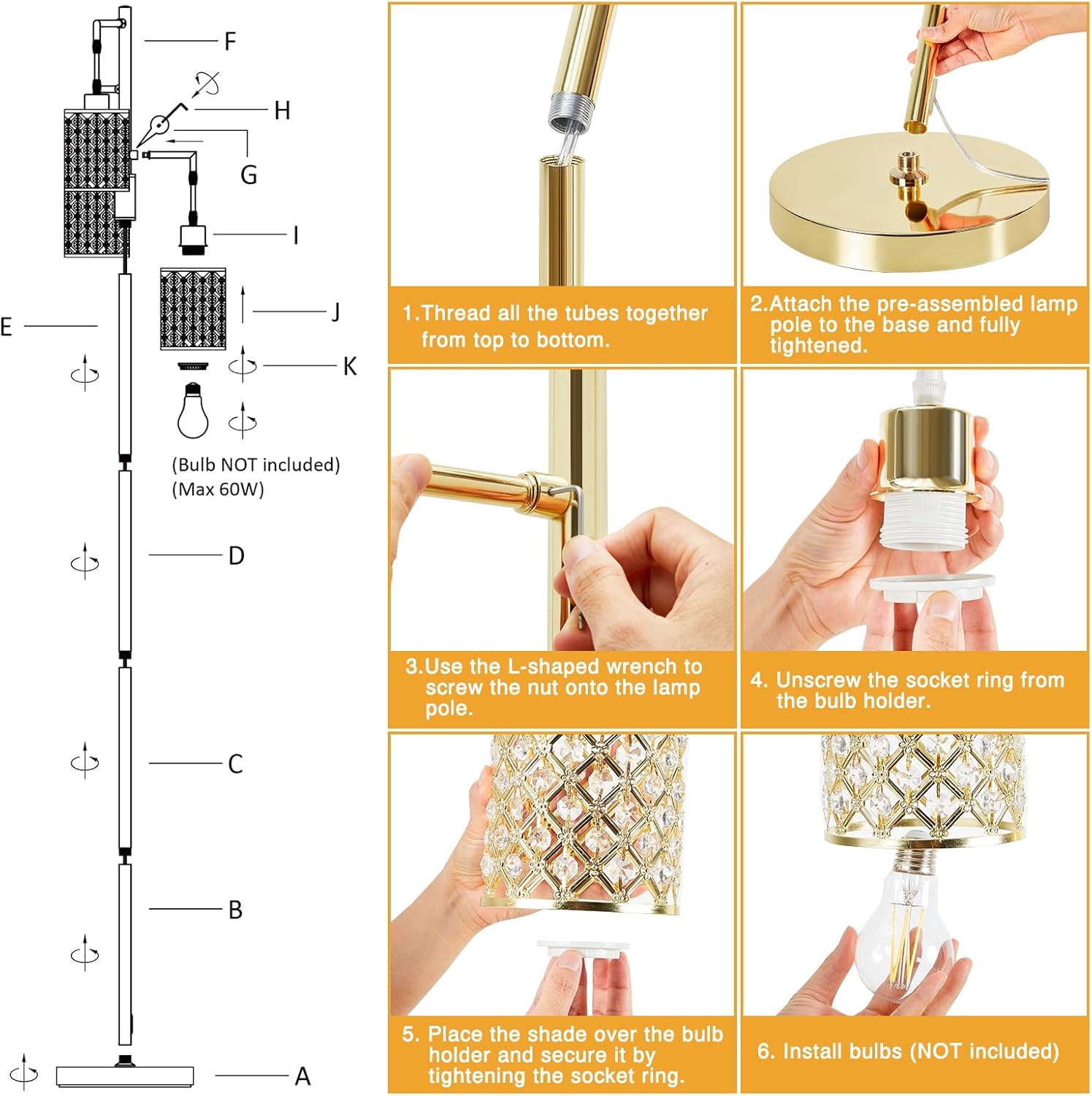 GyroVu Morden Gold Crystal Floor Lamps for Living Room, 3-Light Standing Tall Lamp with Elegant K9 Crystal Shade & Rotary Switch, Modern Corner Floor Lamp for, Bedroom, Home Office, Reading