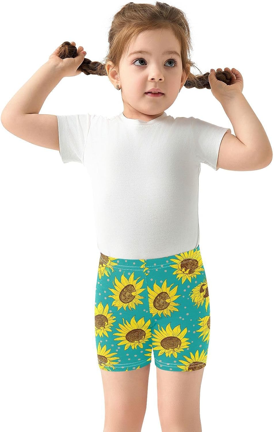 Sunflower Polka Dot Teal Girls Bike Shorts Toddler Soft Cotton Cartwheel Under Dress Dance Shorts