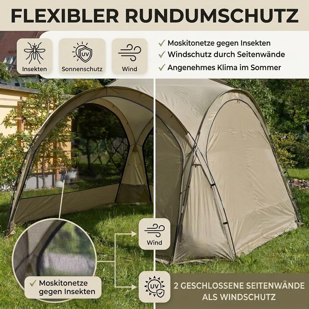 Pavillon 3,5 x 3,5 m mit Seitenwänden & Insektenschutz – wasserdichter Event Shelter, leichtes Camping Zelt mit Fiberglasgestänge, Festival Pavillon, Garten Pavillion für Outdoor & Party
