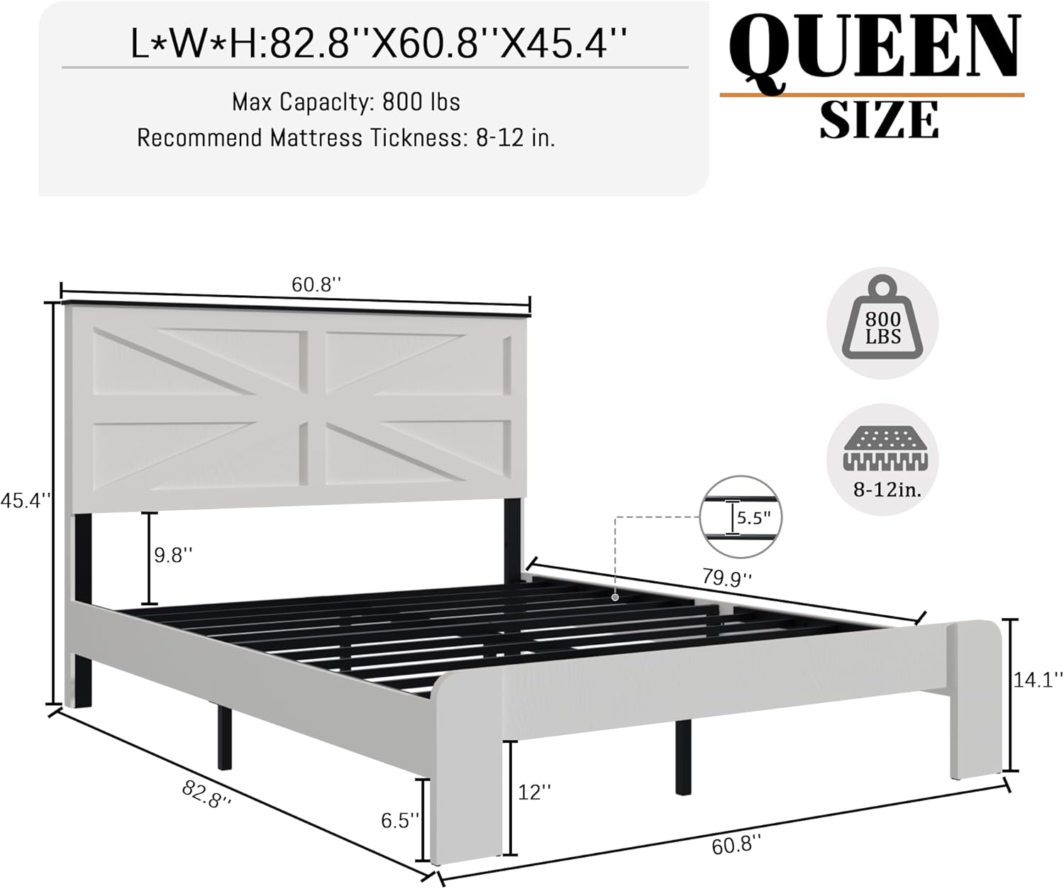 Queen Size Farmhouse Wooden Bed Frame with Headboard, Boho Platform Bedframe Sturdy Metal Slats Support, Spring Needed, Noisy Free, Easy Assembly (Queen, White)