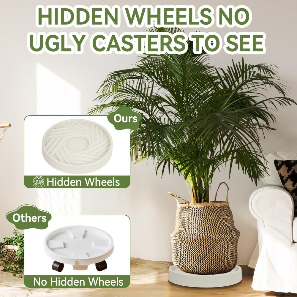 2 Pcs Plant Caddy with Hidden Wheels 11 Inch Heavy Duty Rolling Plant Stand, Indoor Outdoor Plant Saucer Tray with $9.9 Garden Tools (Beige)