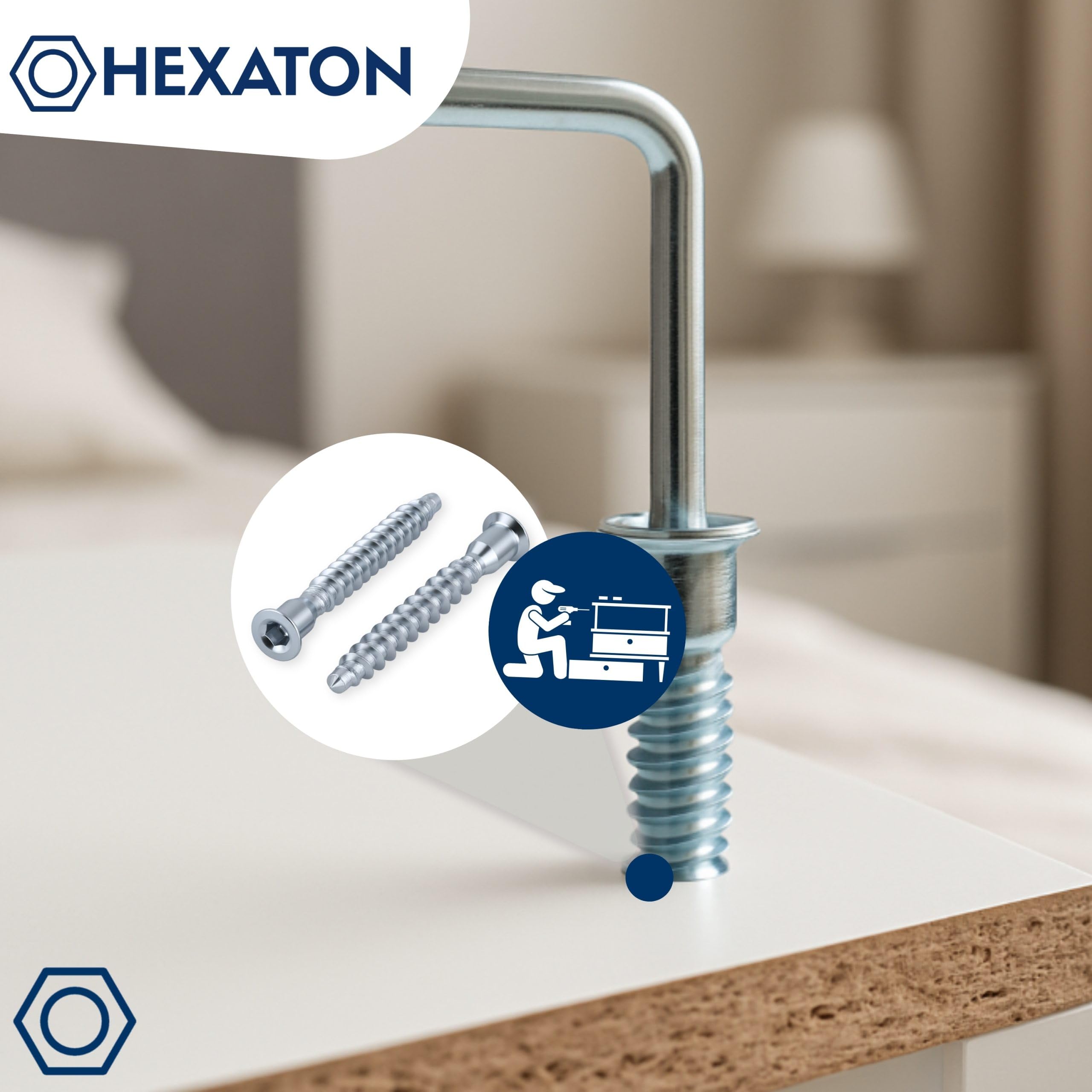 HEXATON Konfirmaty z Łbem Stożkowym Wgłębieniem Imbusowym 6,4 x 50 mm - 100 Sztuk - Ocynk Biały - Gwint na Całości