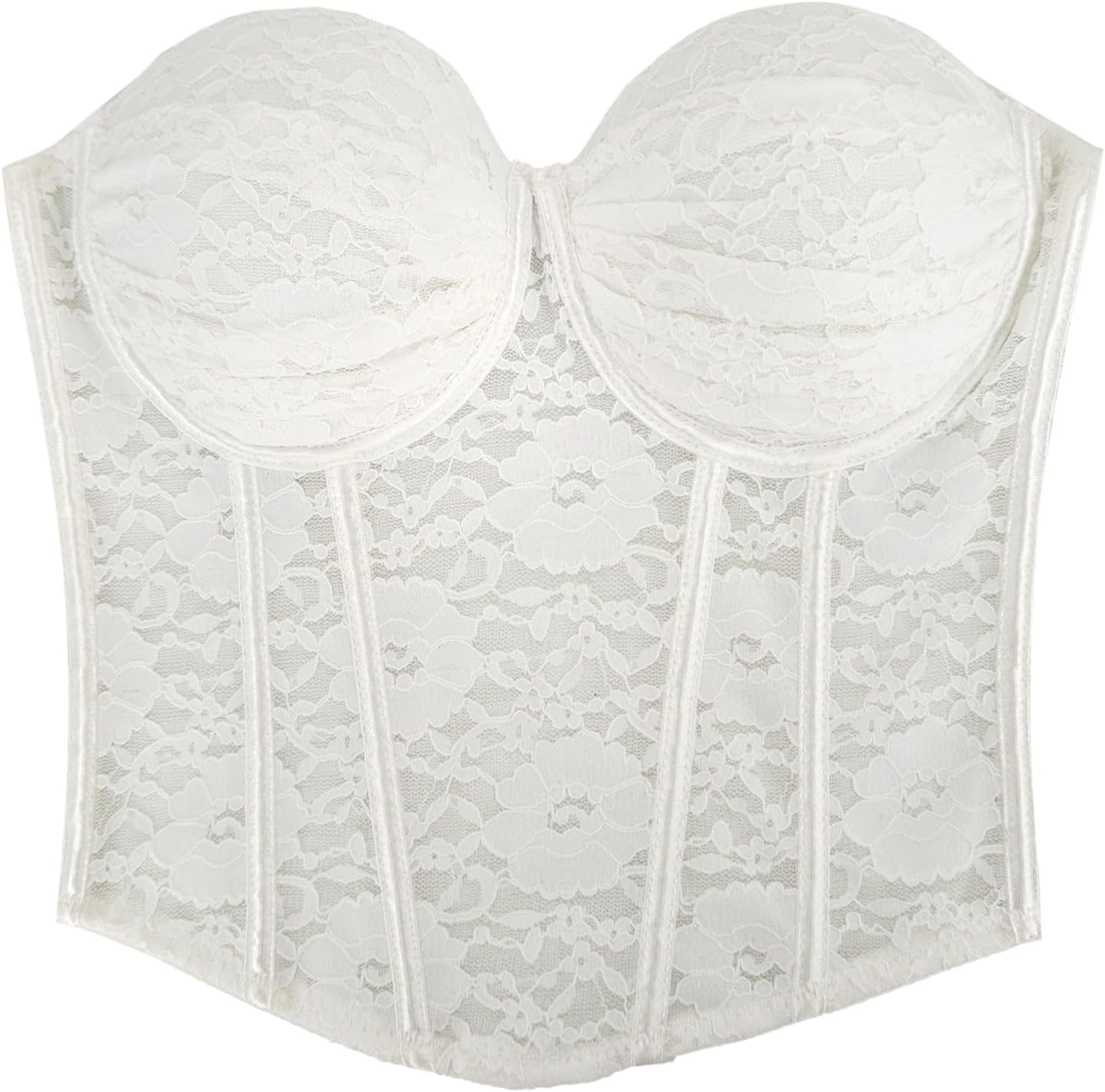 ELLACCI Women's Floral Mesh Lace Bustier Top with Ruched Cups Bodysuit with Detachable Straps White