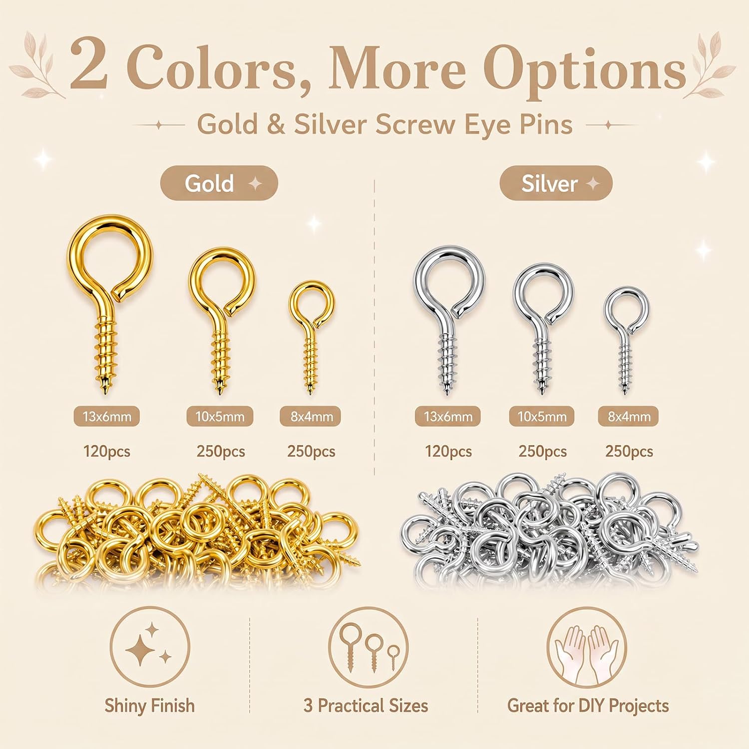 620PCS Small Eye Pins for Jewelry Making, Gold Silver Mini Eyelet Screws Kit for Art Projects, Mini Eye Hooks for Bead Charms DIY Crafts(Gold & Silver, 3 Sizes)