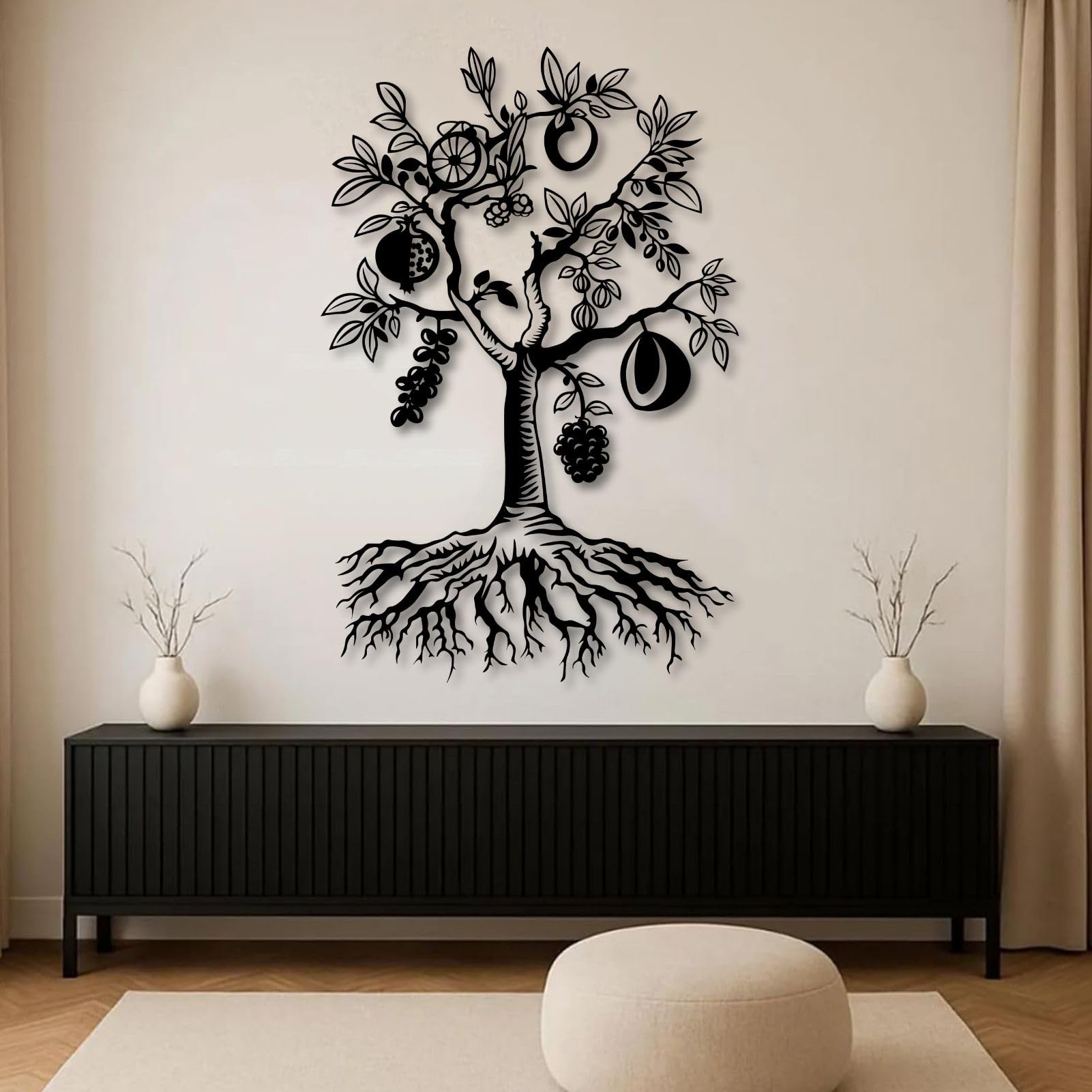 Schwarze Metall-Wandkunst mit Früchten, christliche Wanddekoration aus Metall, Wanddeko für Flur, Wohnzimmer, Schlafzimmer, Flur und Treppenhaus, Natur-Wohndeko (Schwarz, 104 cm hoch)