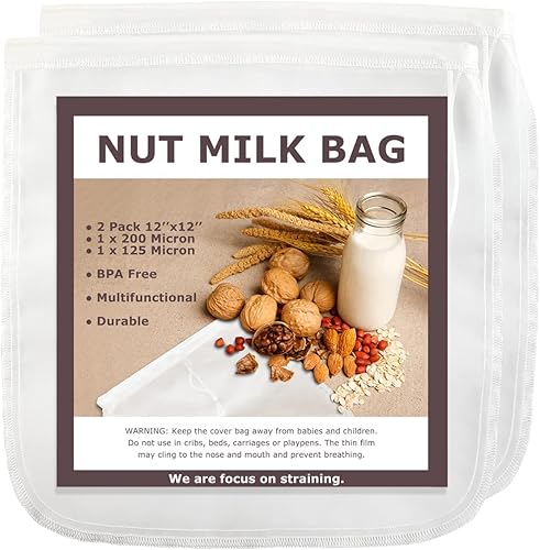 SCENGCLOS Bolsas de leche de nueces, 12 x 12 pulgadas, paquete de 2 coladores de alimentos de nailon reutilizables, filtro multiusos de grado