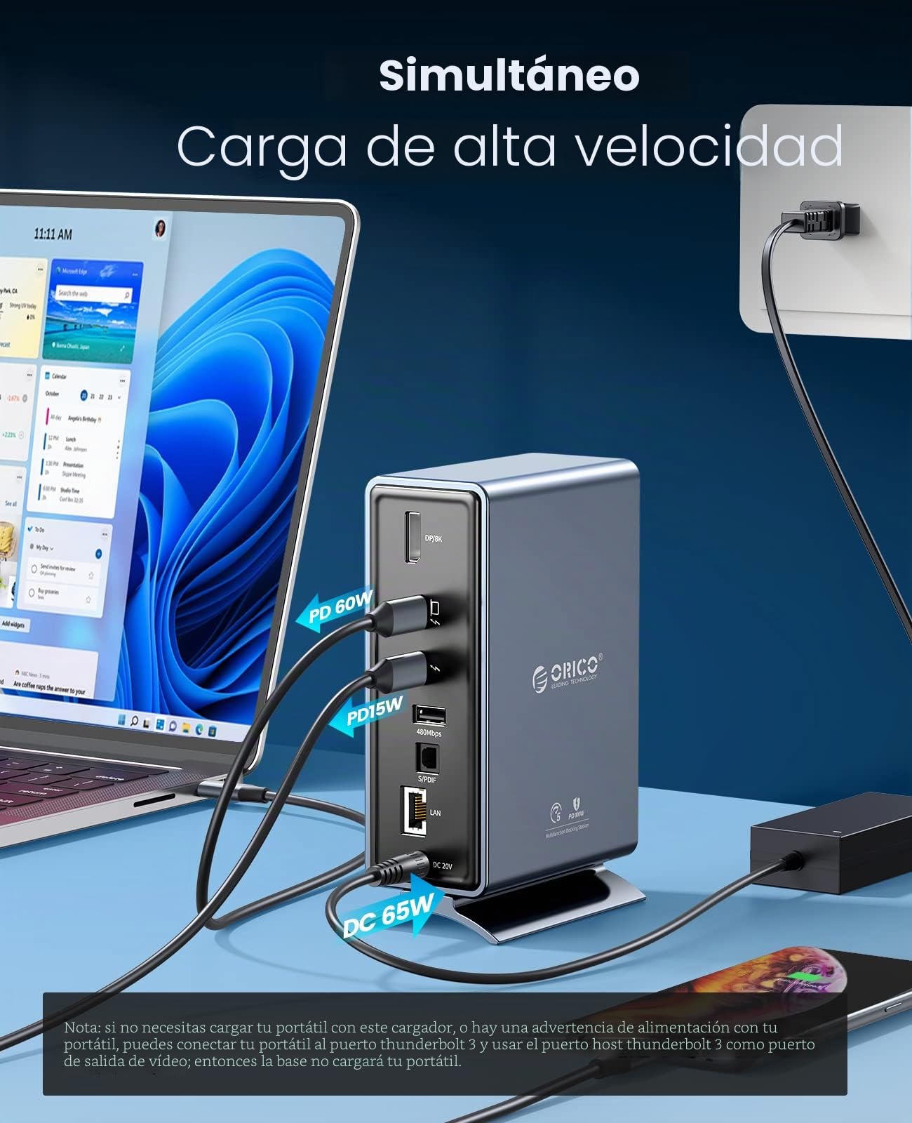 ORICO Thunderbolt 3 Dock, 15 en 1 Thunderbolt Docking Station 40 Gbit/s con 8K@30Hz, PD65W, 2X USB-C 3.1 Gen 2, USB-A 3.1 Gen 2, 2X USB-A 3.1 Gen 1, Gigabit Ethernet para MacBook Mac y Ventanas (Gris)