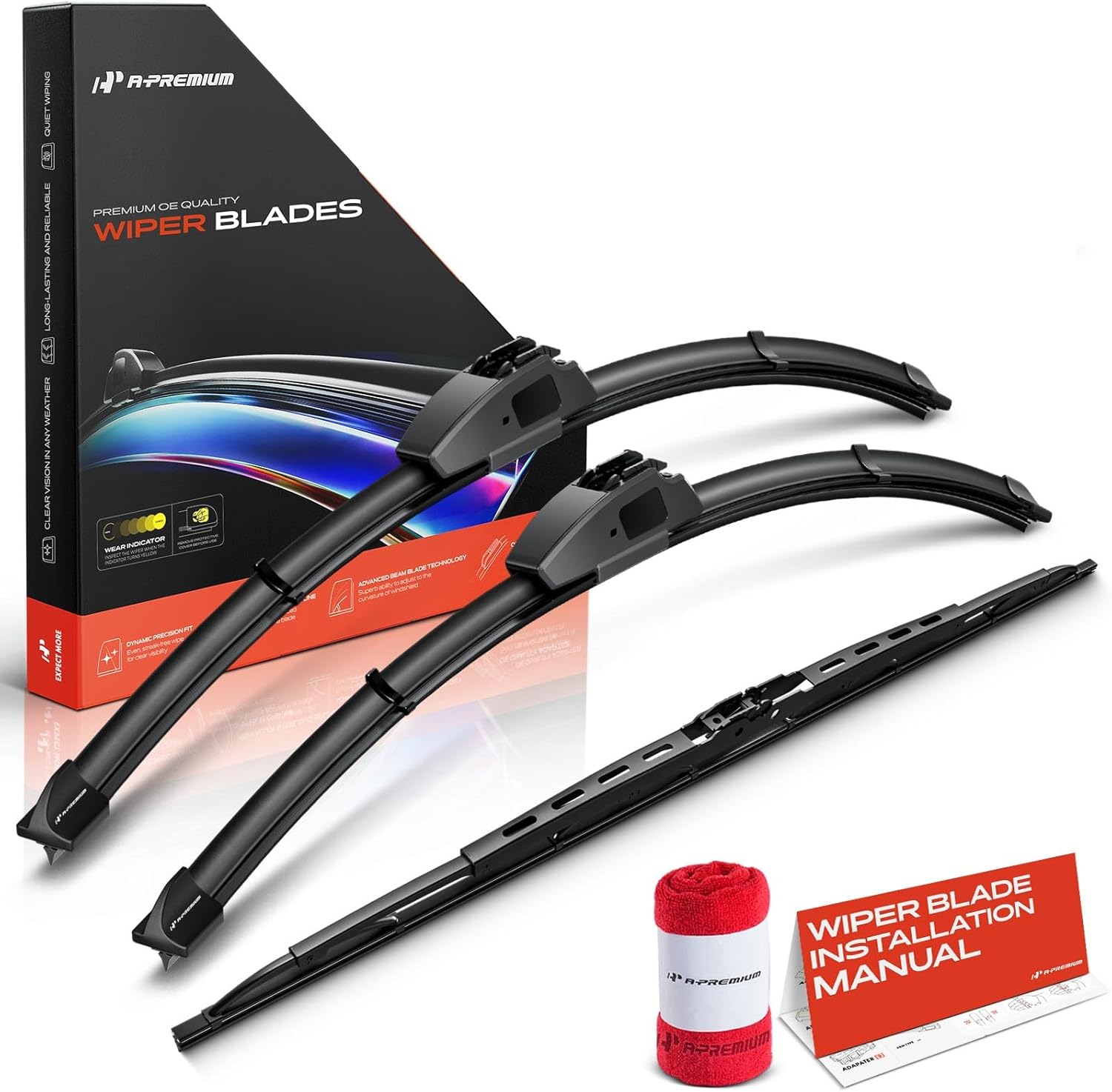 A-Premium 22"+20"+22" Windshield Wiper Blades Compatible with Mercury Cougar 1999 2000 2001 2002 - Front Rear Wipers Blade Set for Hook/Hook Arm Connector, with Wear Indicator & Towel (Pack of 3)