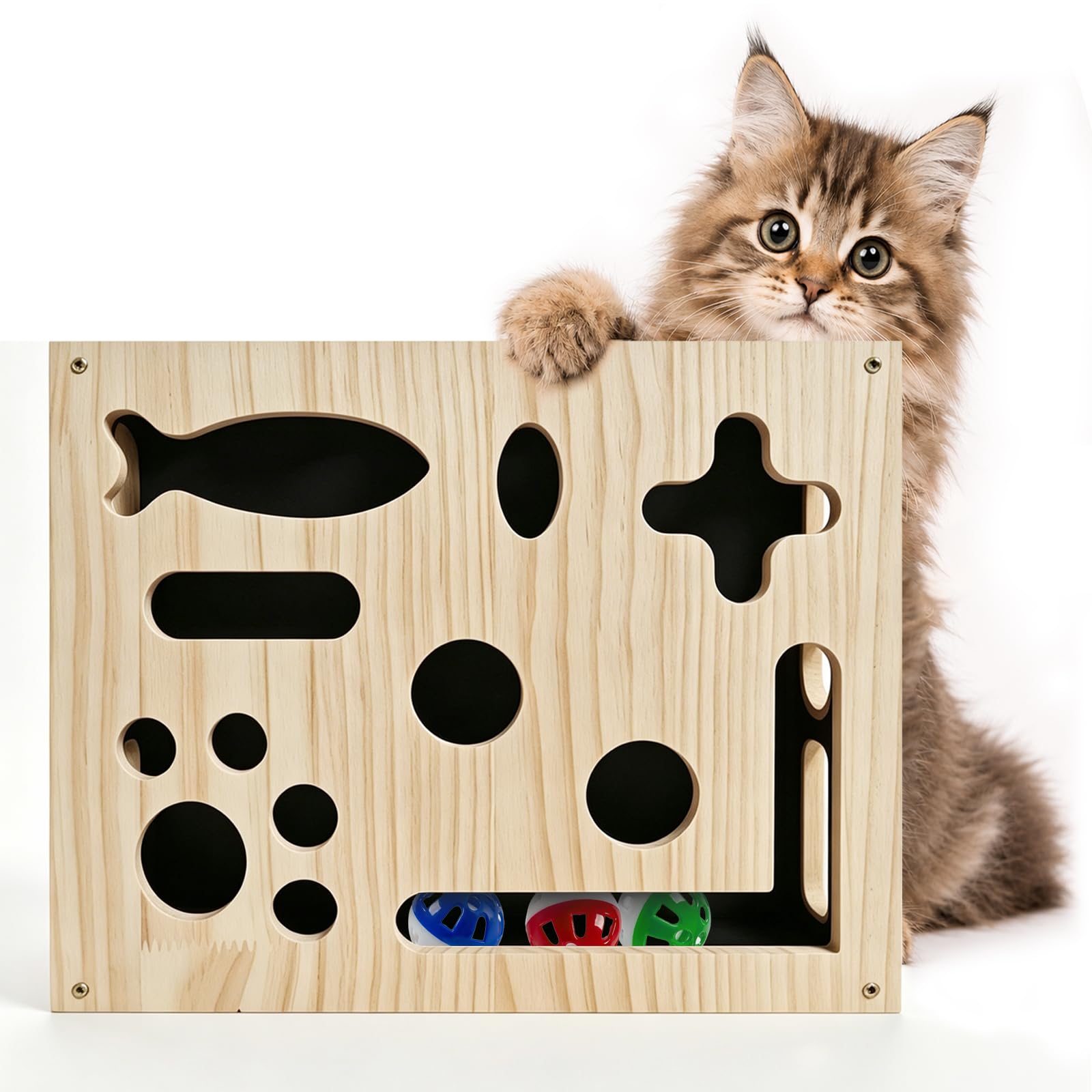 HA BIN 2-in-1 Kratzpuzzle für Katzen – Interaktives Katzenspielzeug mit Sandpapier-Nagelfeile, Holz Kratzbrett & Futterlabyrinth gegen Langeweile, Activity-Center für Wohnungskatzen