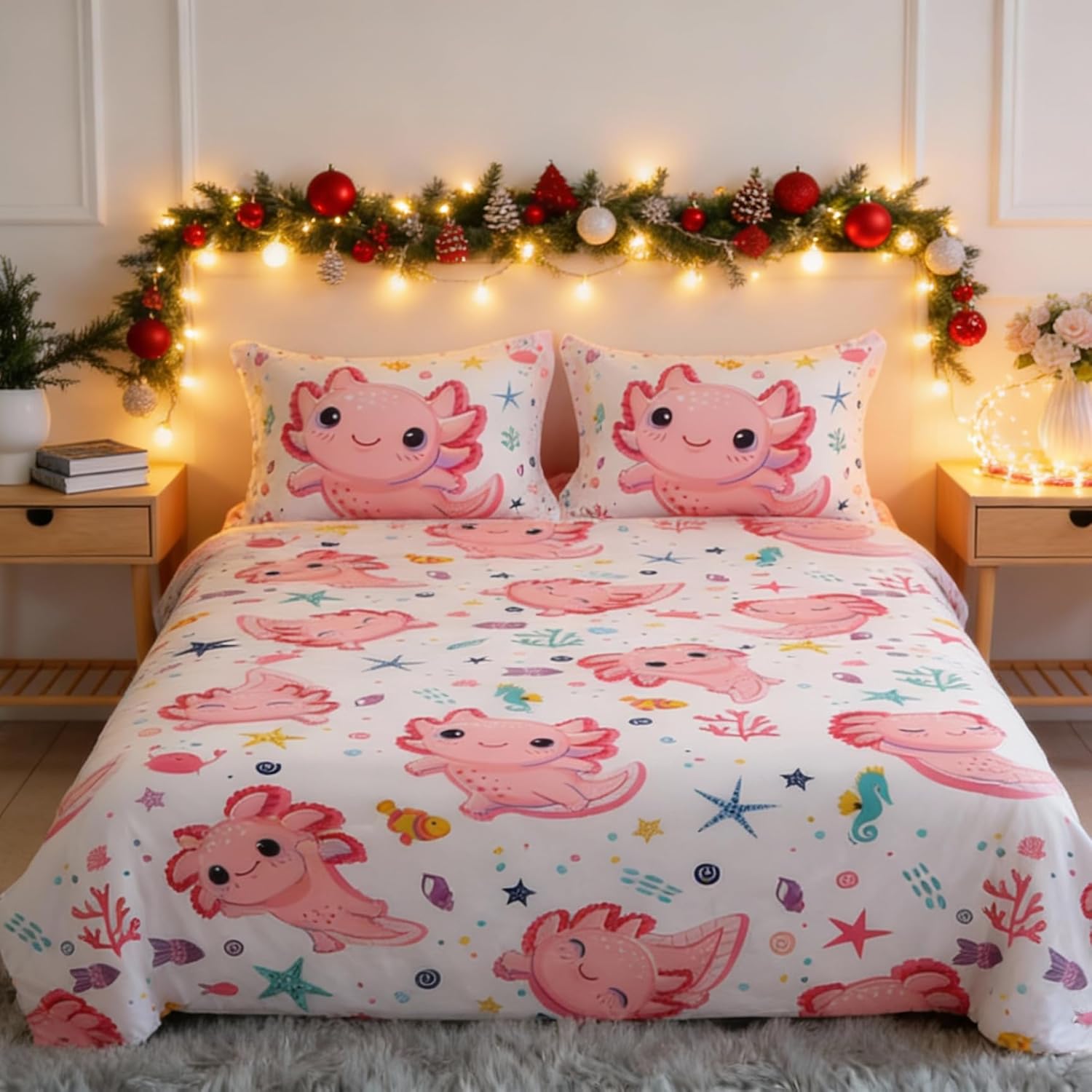 Girls Pink 7 Piece Axolotl Comforter Set for Kids Twin Size Kawaii Axolotl Bedding for Teen 3D Animals Colorful Bed Set (Comforter,Flat Sheet,Fitted Sheet and Pillow Sham) - Image 2