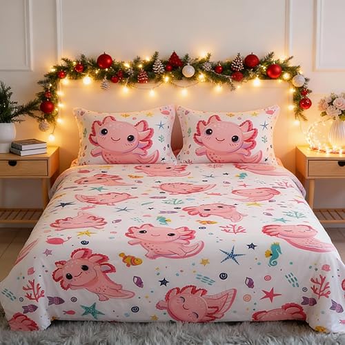 Miniatura 2 de Juego de Edredón de Ajolote Rosa de 7 Piezas para Niñas Tamaño Twin Kawaii Ropa de Cama de Ajolote para Adolescentes Juego de Cama Colorido de