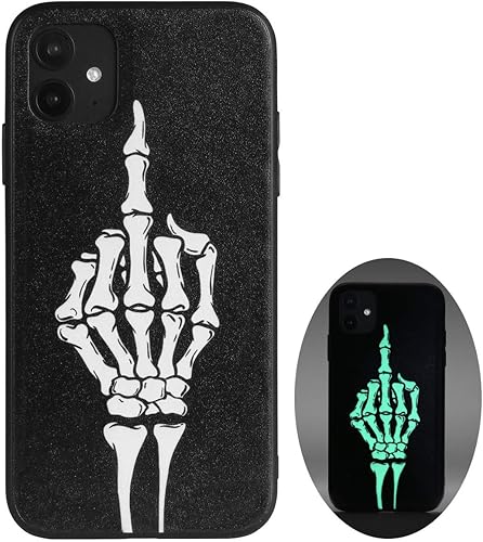X-spirit Funda de cuero genial para iPhone 11 patrón de esqueleto de calavera dedo medio arte oscuro brilla en la oscuridad iPhone 11-dedo medio