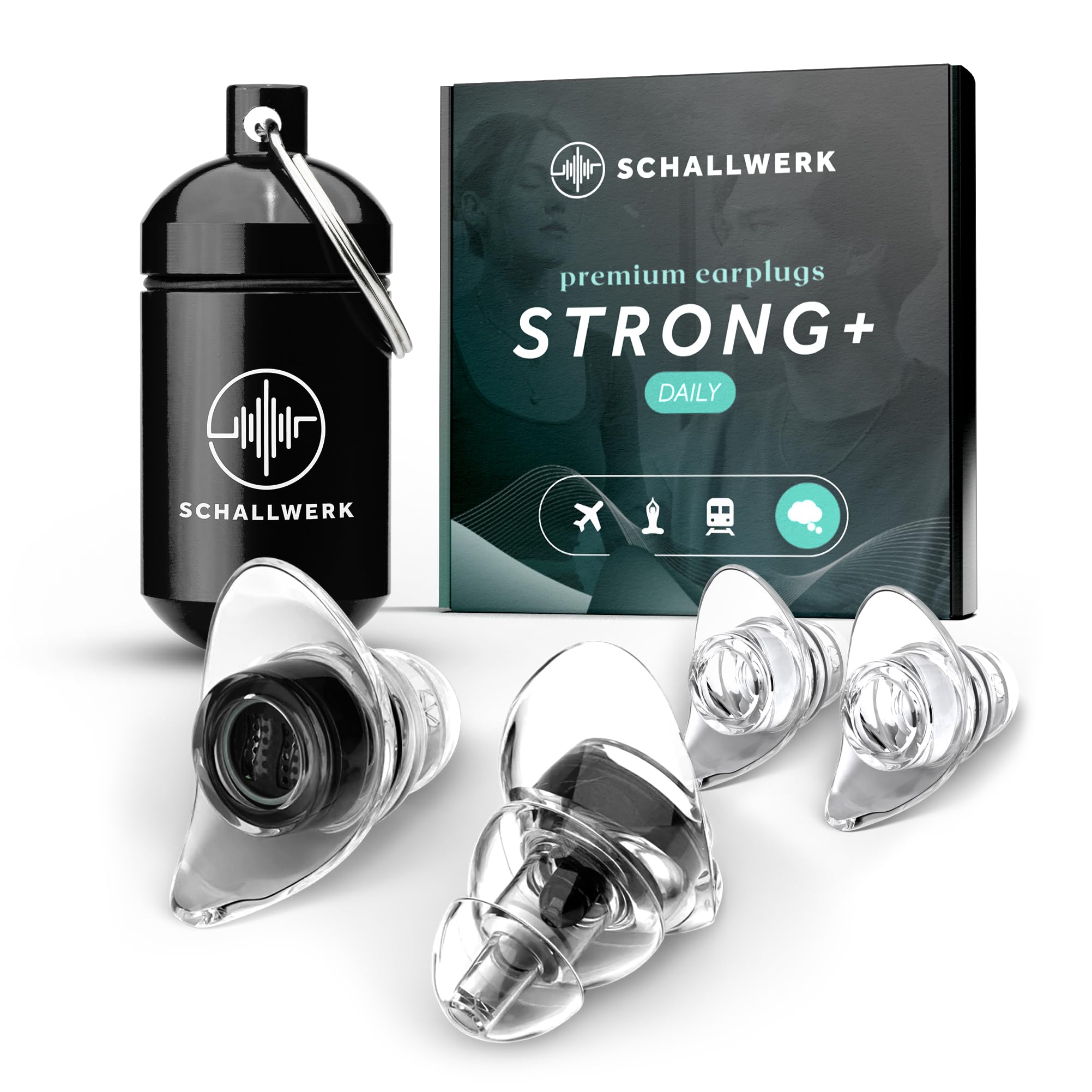 Schallwerk ® Strong+ Daily zatyczki do uszu – tłumią hałas i uzyskują jakość dźwięku – przezroczyste zatyczki do uszu, nadają się do muzyki, na co dzień, do pracy i nauki