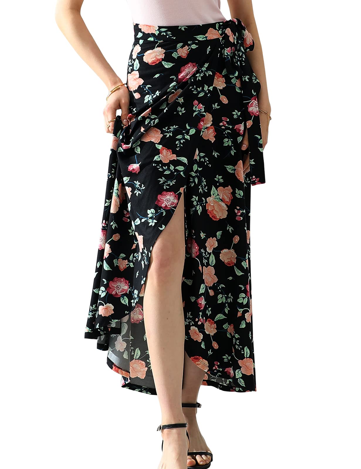 DOUBLJU Boho Wrap Maxi Skirt - High Waisted Flare Long Skirt With Side Slit