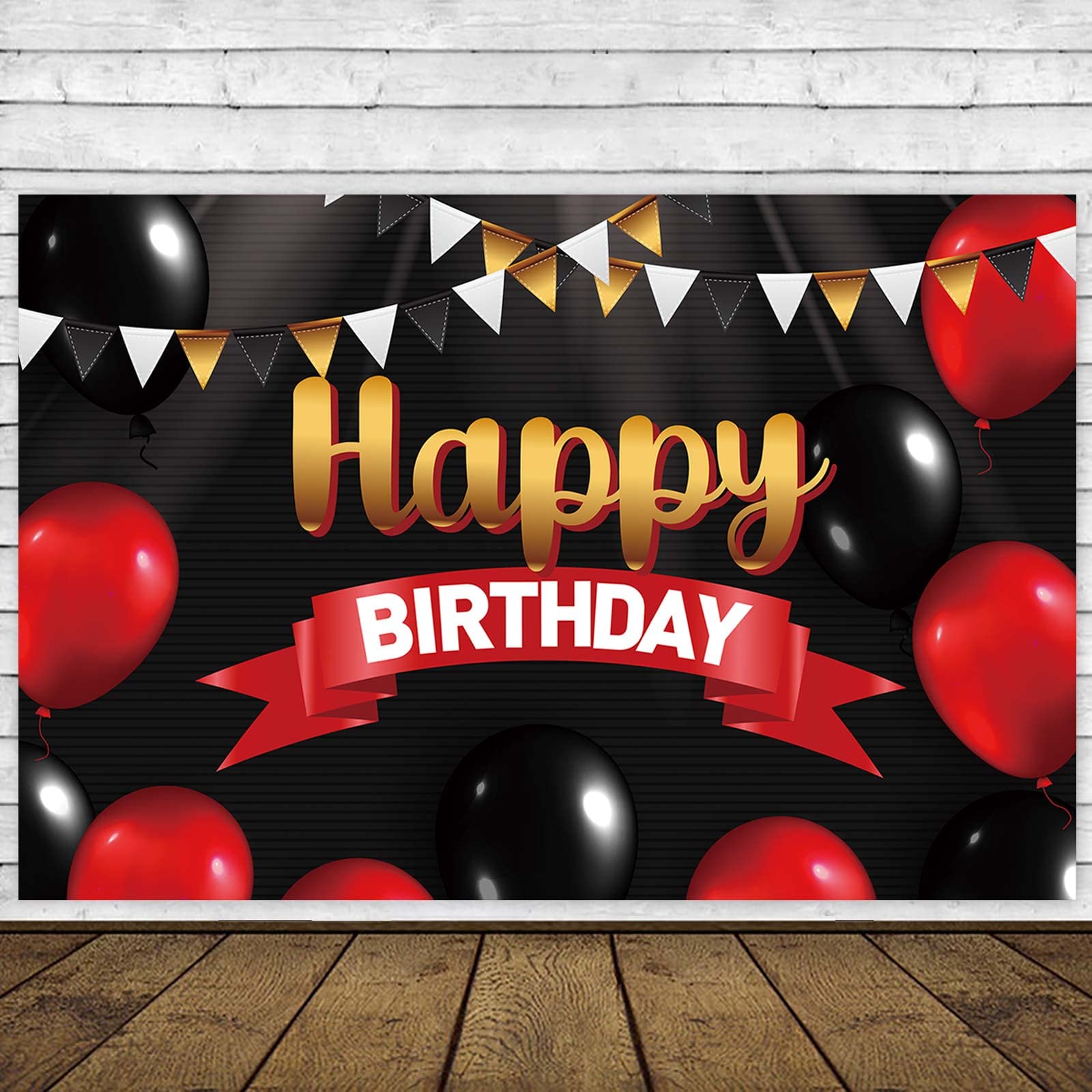 Avezano Red & Black Happy Birthday Banner – Glitter Balloon Fireworks Photo Backdrop – 70.8x43.3 Inch – For Men, Women, Teens – Party Decorations