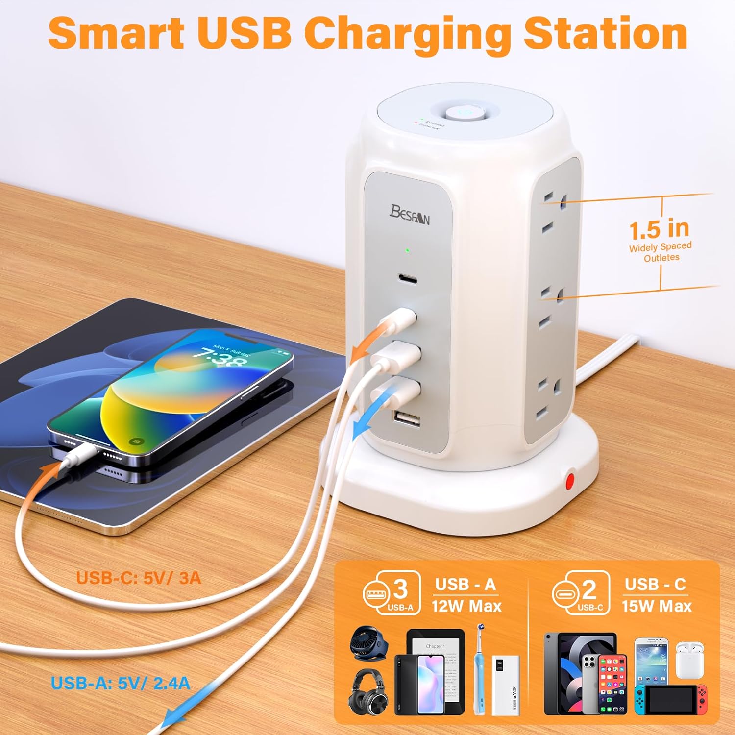 BESFAN Power Strip Tower, 1625W Surge Protector with 9AC Outlets 5 USB Ports, 6.5 FT Extension Cord Charging Tower for Multiple Devices, for Office Supplies, Dorm Room Essentials for Girls, Guys