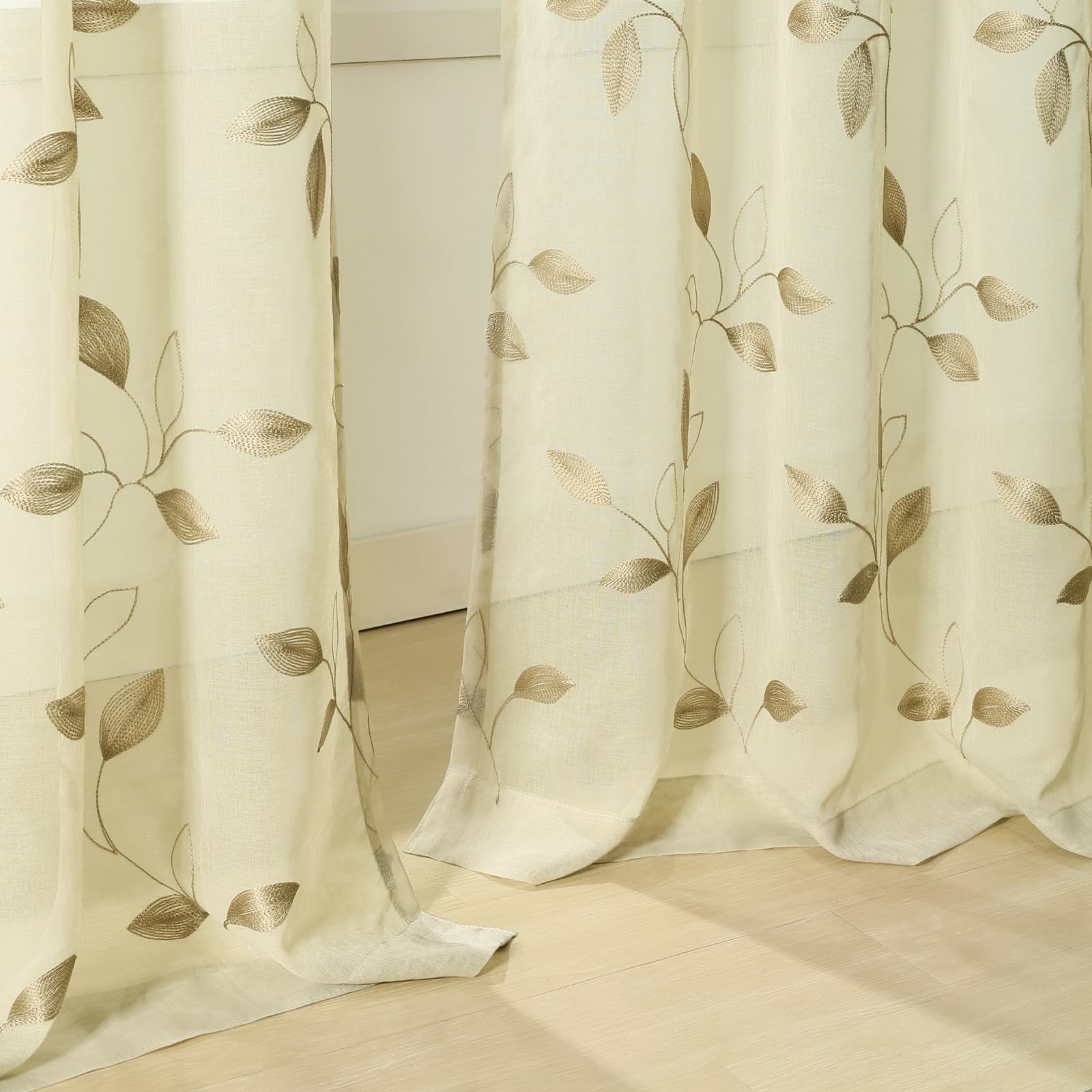 VOGOL Khaki Beige Leaf Net Curtains 132x160cm, Sheer 63" Voile 2 Panels