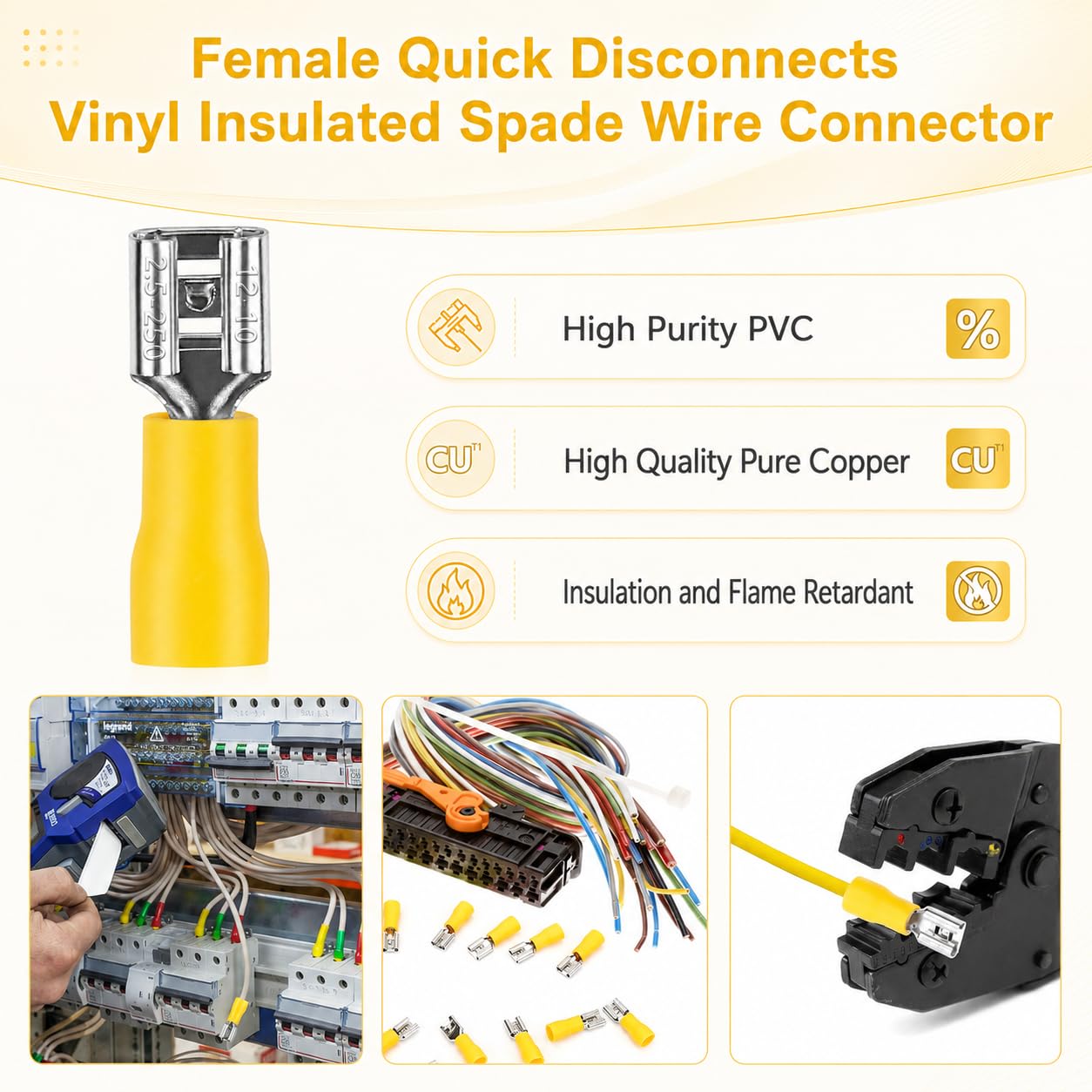 200 Pcs Yellow Female Quick Disconnect Spade Wire Connectors,12-10 AWG (6.3mm) Electrical Crimp Terminal