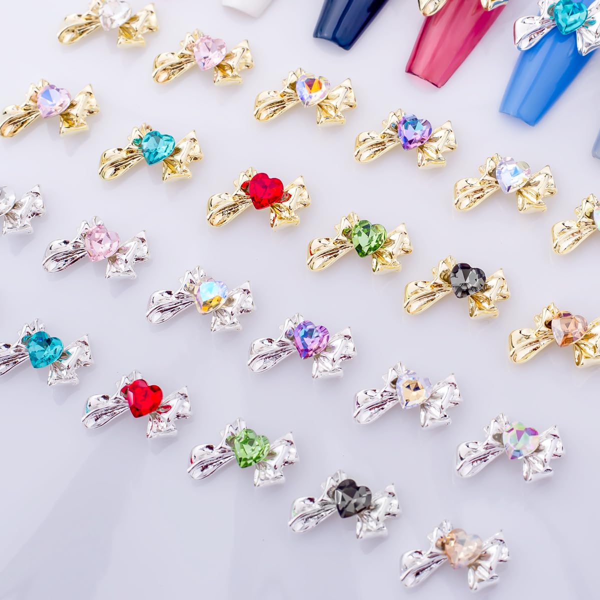 SHANRUN 24 Pcs 5D Alloy Bow Charms and Gems - Heart Gems Nail Art Supplies Silver Gold Rhinestones for Acrylic Press on Nails DIY Design Cute Kawaii Crystal Y2K Fake Accessories