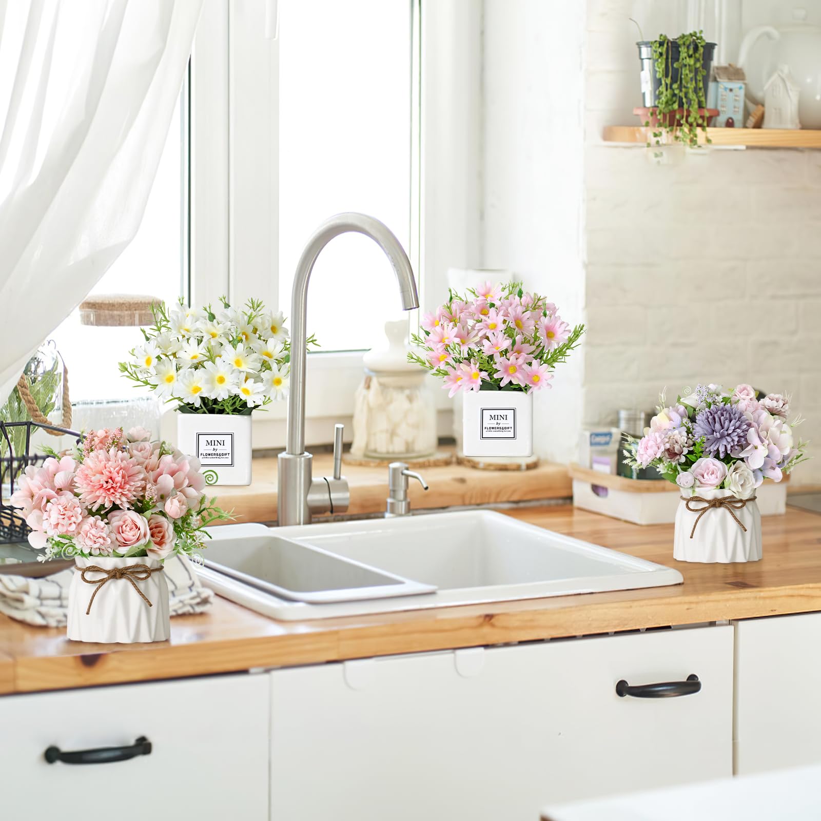 Kunstbloemen met pot, combinatie van nepzijden bloemen en groen, klein plantenpotdecor voor bloembak, kantoor, boekenplank, slaapkamer, woonkamer, feest, huwelijksdecoraties (geel