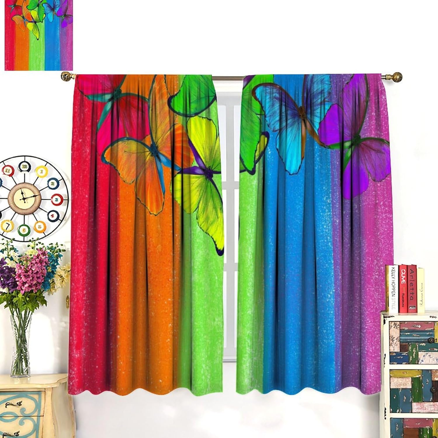 Butterfly Blackout Curtains,Fantasy Dream Butterfly Rainbow Curtains for Girls Bedroom Living Room,Window Drapes Set 2 Panels,42x45 Inches