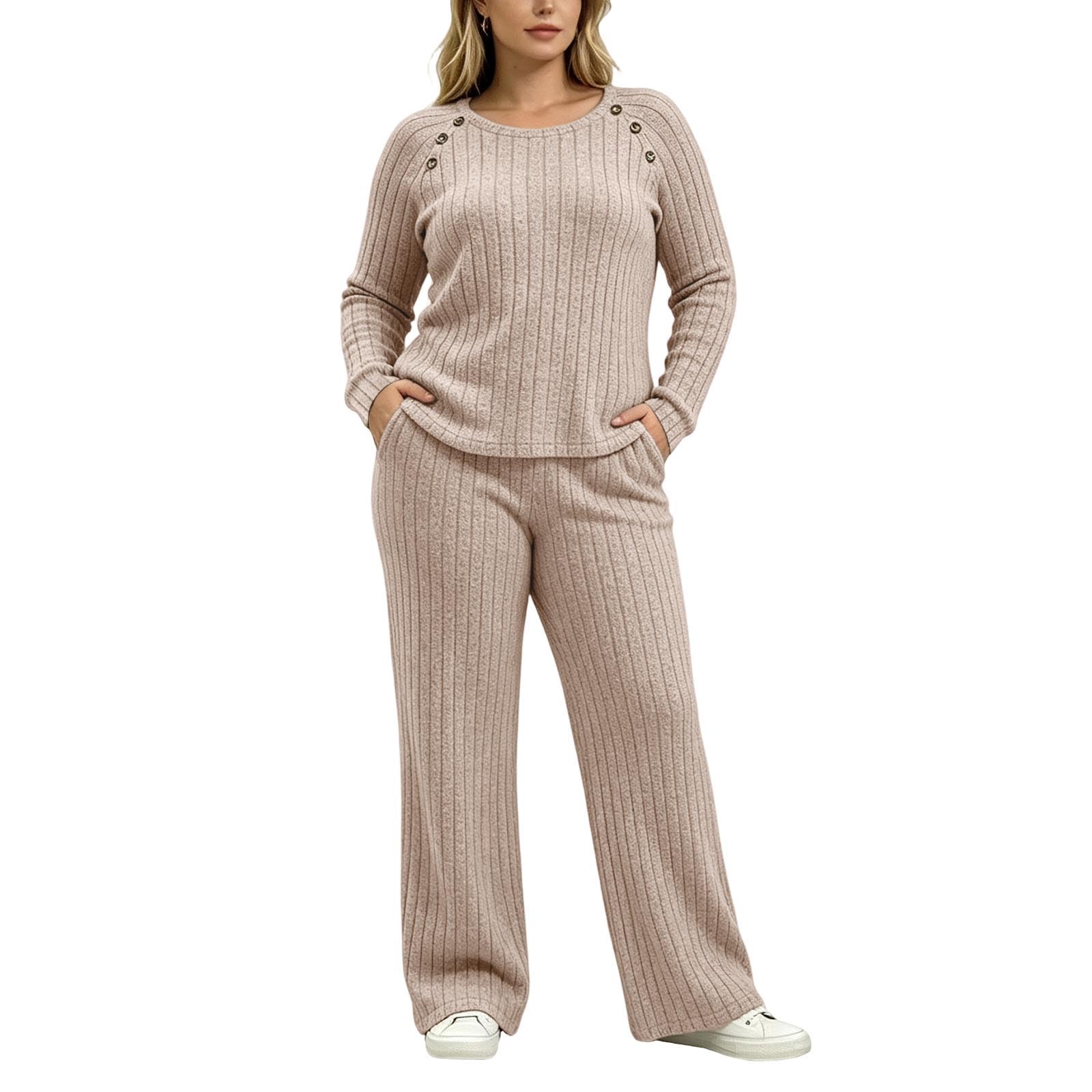 Genérico Conjunto de Punto Elegante con Pantalón y Suéter de Botones