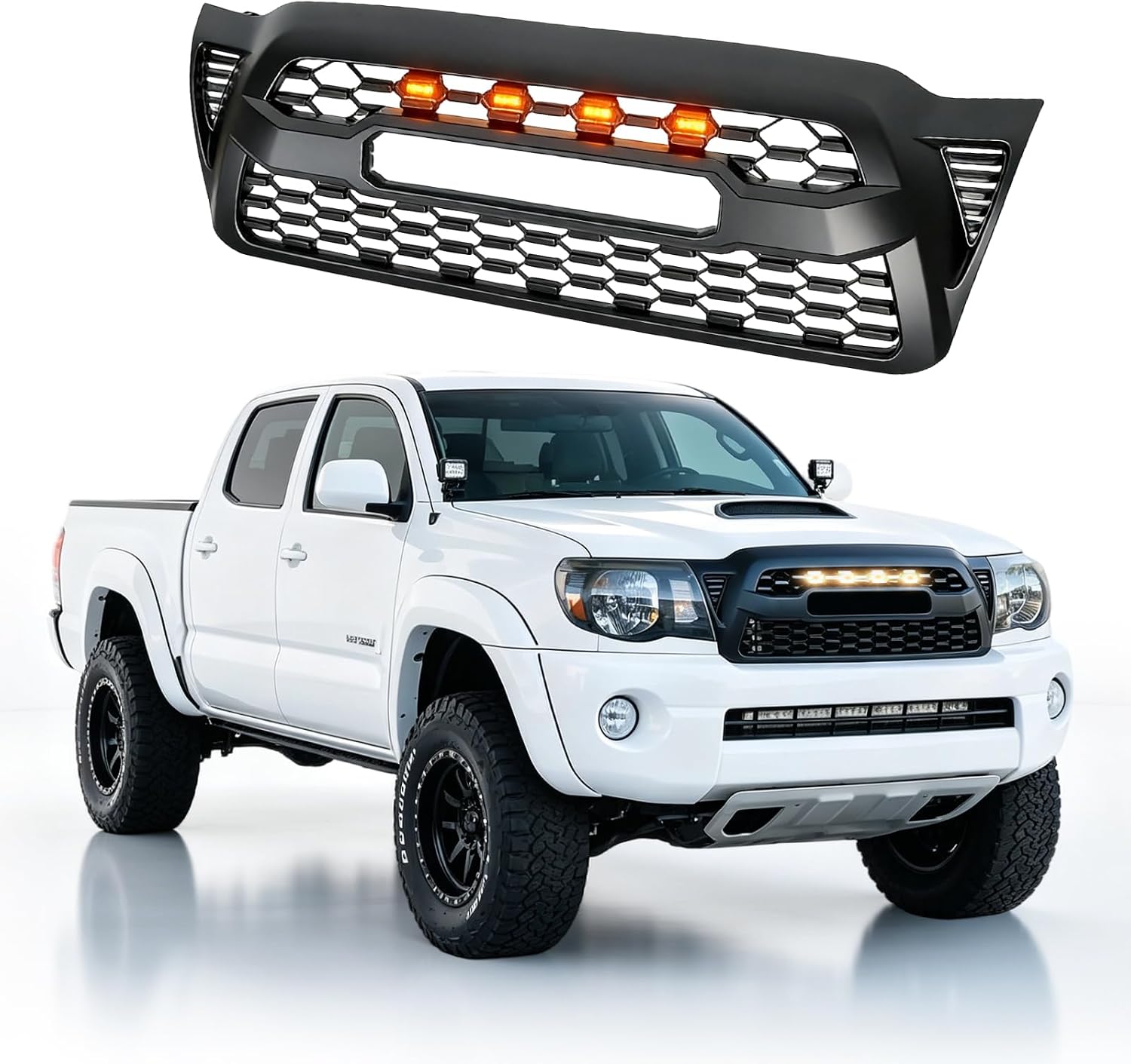 Front Grill Compatible with 2016-2023 Toyota Tacoma SR / SR5 / TRD Matte Black Replacement Front Bumper Grill ABS Bumper Grille Assembly with Amber LED Lights & Letters