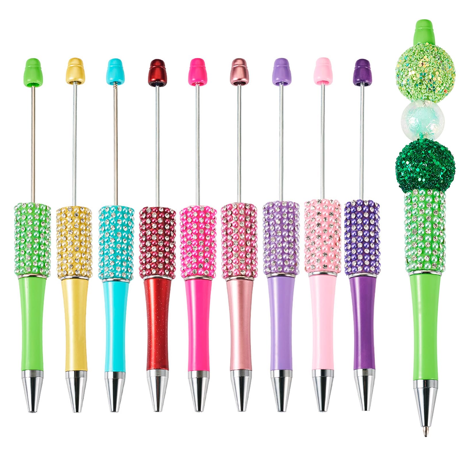 Beadthoven 9pcs Diamond Beadable Pens, Candy Color DIY Beaded Pens Colorful Cute Shaft Black Ink Ballpoint Pens Bling Gem Rhinestone Bead Pens for Pen