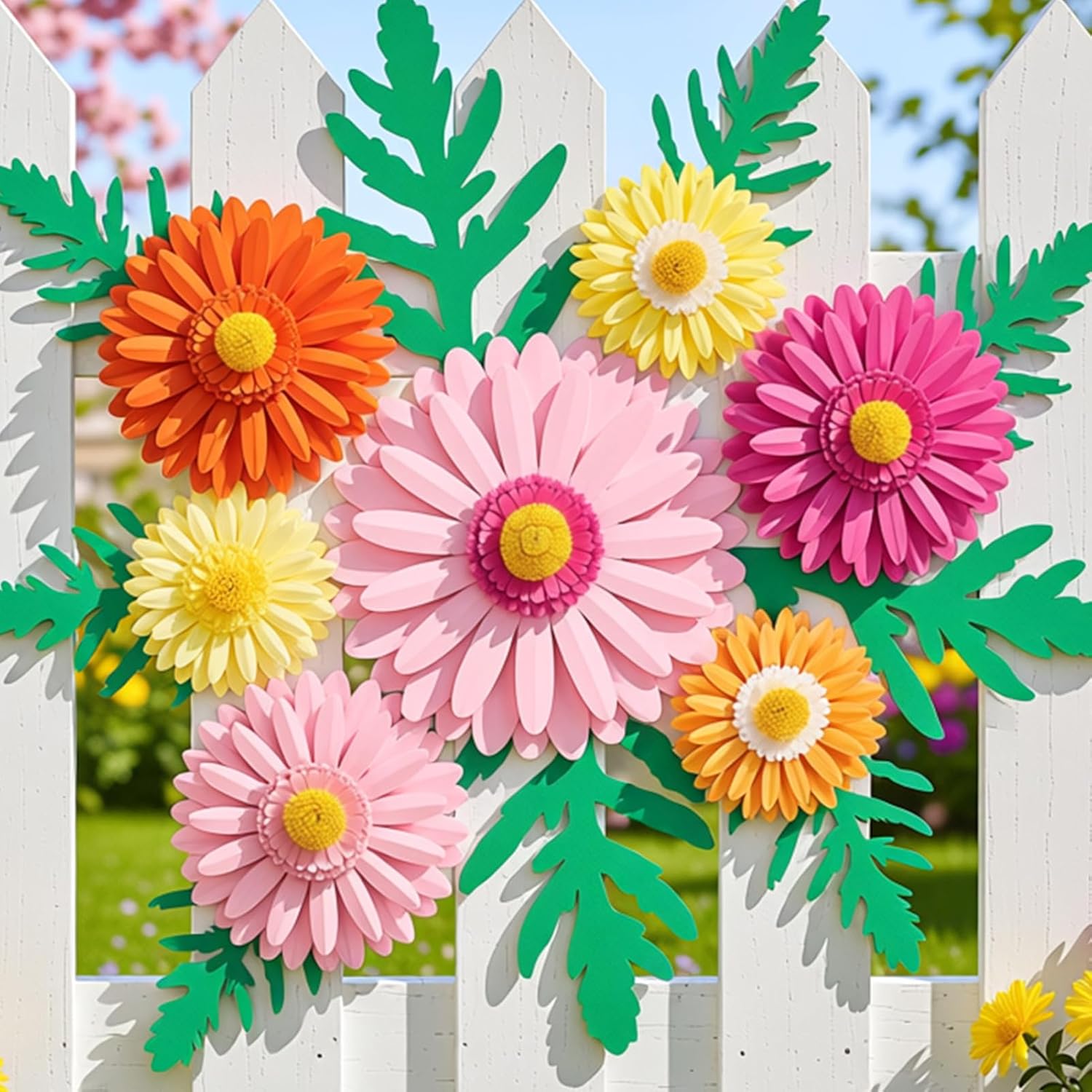 PAPER JAZZ Paper Flower Wall Decor, Handmade 3D Daisy Party Decoration Large Paper Flower in Pink, Orange, Yellow with Green Leaves, Modern Home Wall Art for Bulletin Board,Easter
