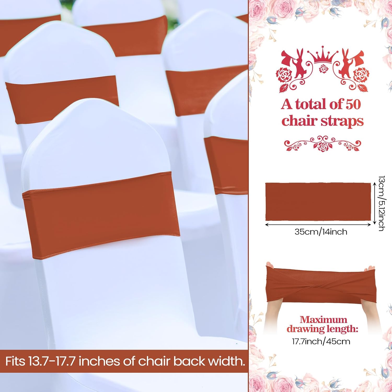 50Pcs Spandex Chair Sashes Bow Chair Band Slider Sash Cover, Terracotta image 2