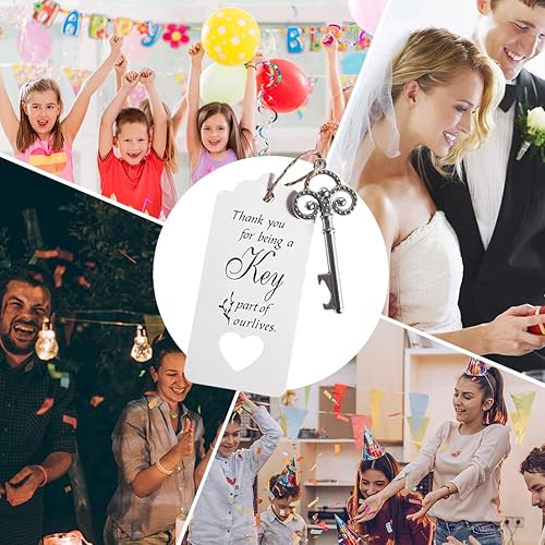 Miniatura 5 de Abnaok 50 piezas de recuerdos de boda/recuerdos de fiesta, abridor de botellas de llave de esqueleto plateado con tarjetas de escolta y cuerda de