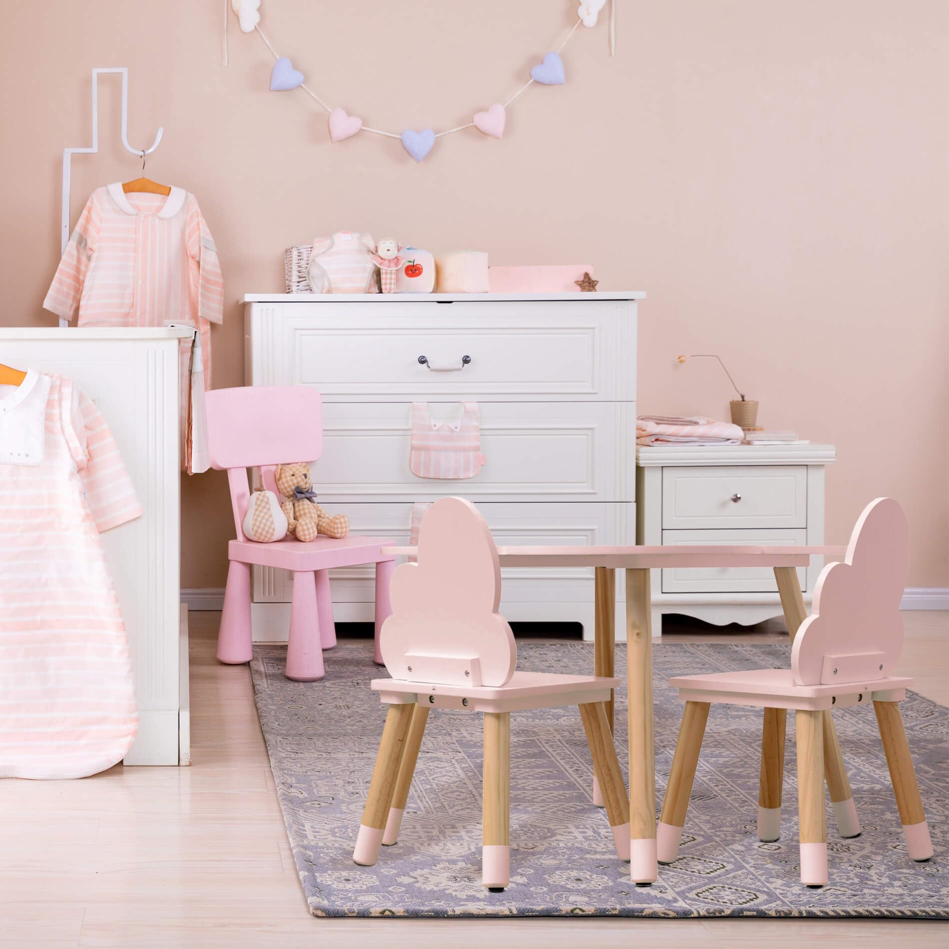 Rebecca Mobili Set de Mesa y 2 Sillas para Niños, para la Decoración de la Habitación de los Niños, Rosa Marrón, MDF Pino - Dimensiones: 44 x 60 x 60 cm / 50 x 25 x 25 cm - Art. RE6899