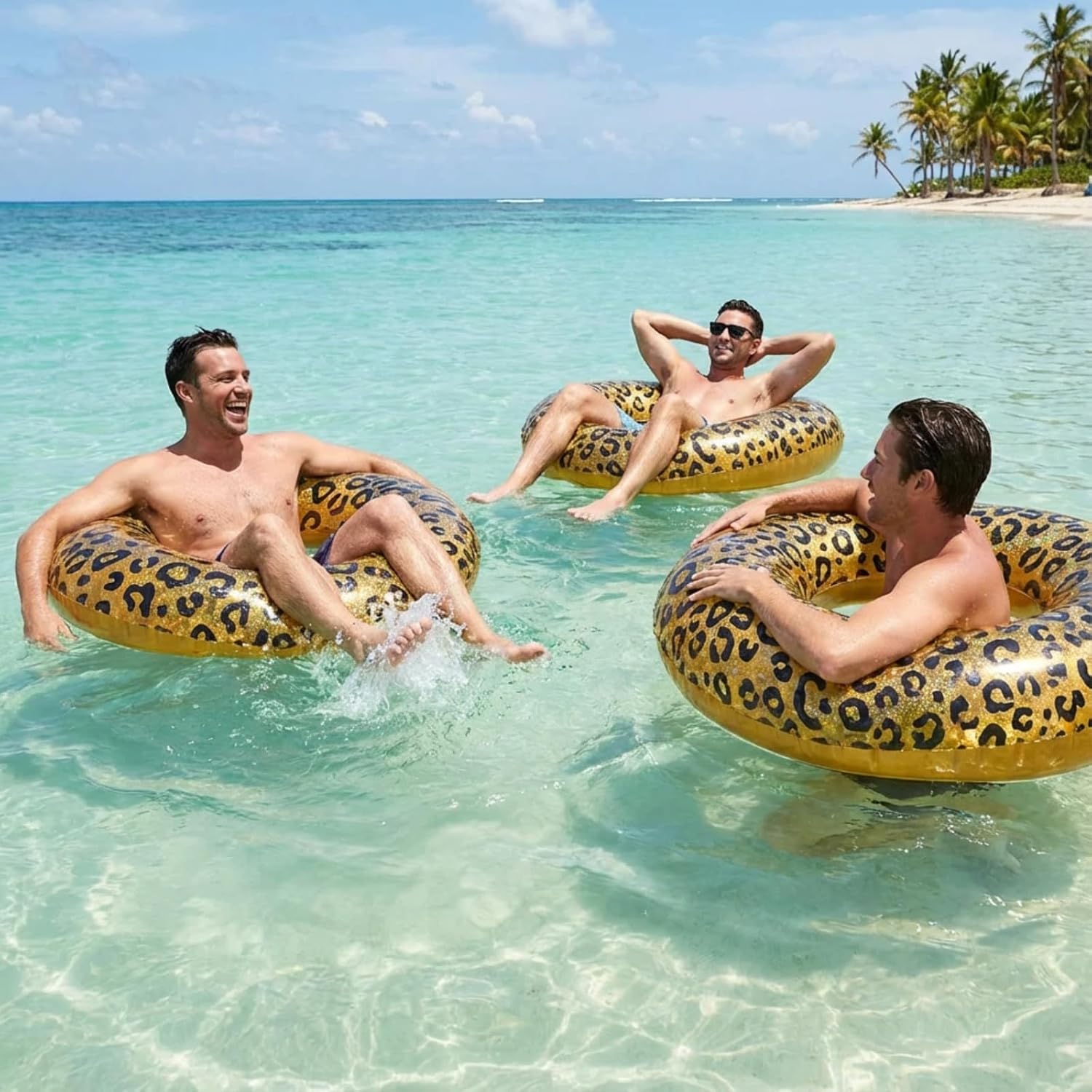 34 Inch Leopard Print Pool Float Tube Adults Inflatable Tube Animal Patterns Swimming Rings Inner Tubes Glitter Pool Floats for Women Hawaii Beach Vacation Holiday Party Photo Prop