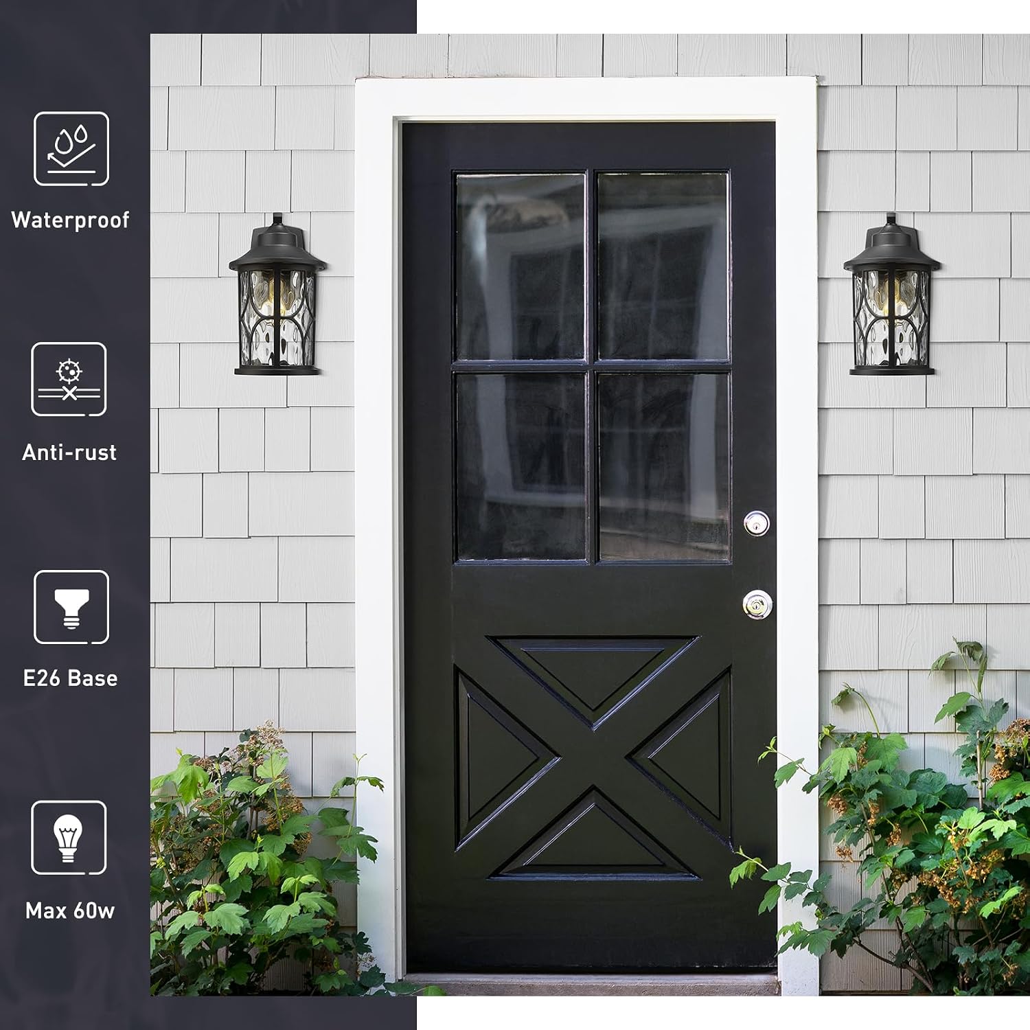 zeyu 14.6 Inch Outdoor Porch Light, Farmhouse 1-Light Outdoor Wall Sconce, Die-Cast Aluminum in Black Finish, Clear Water Ripple Glass, ZX48MB-WG BK