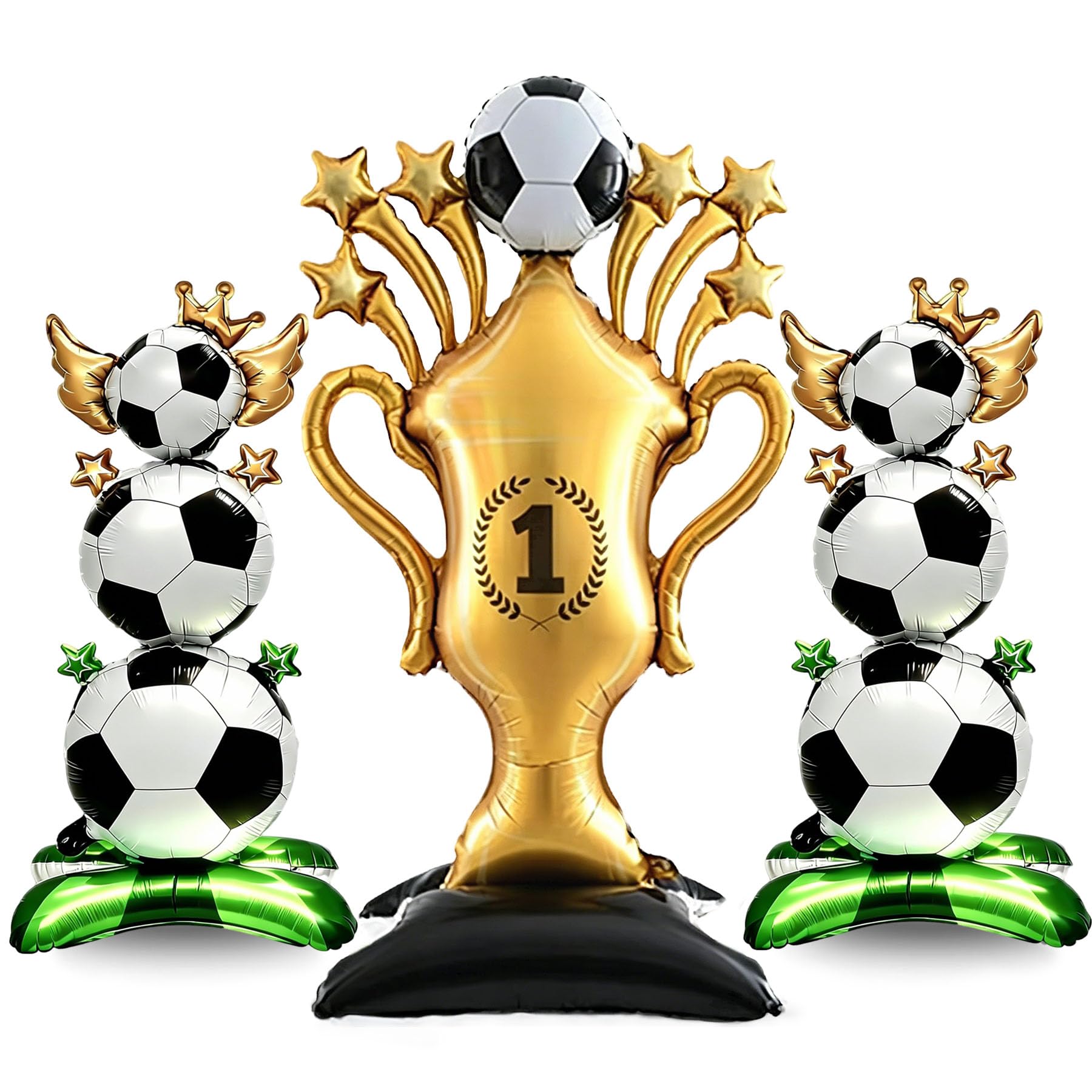3 Pcs Self‑Standing Football Foil Balloons Set, Gold Champion Trophy Balloon (82 x 150 cm) with 2 Football Balloons (41 x 98 cm), Decor for Championship & Football Birthday Parties (Football Wings)
