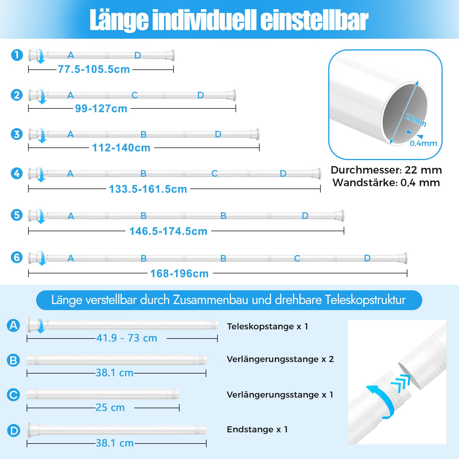2 Stück Gardinenstange ohne Bohren 78‑196 cm, weiße Teleskopstange