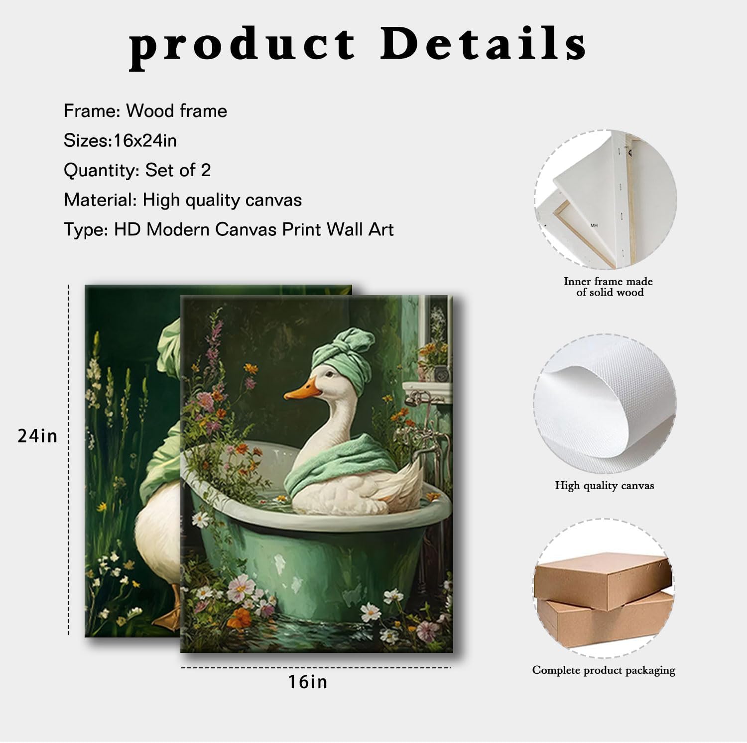 2 Pcs Dark Green Duck Canvas Wall Art Botanical Moody Wildflowers Posters Print Spa Duck in Bathtub Pictures Artwork Vintage Floral Wall Paintings for Bathroom Toilet Restroom Decor 16x24 Inch