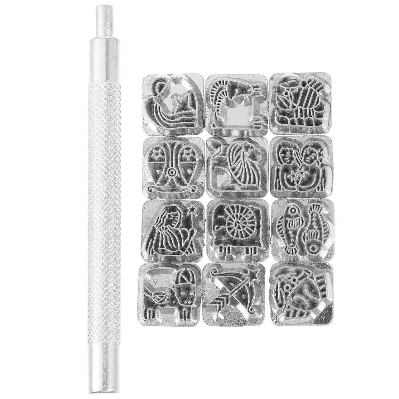 12 Leather Stamping Tool Kit with 13 Pcs Stamps for DIY Leather Crafting Ideal for Shoes Bags and Belts, Silver1, 9.30X0.80X0.80CM