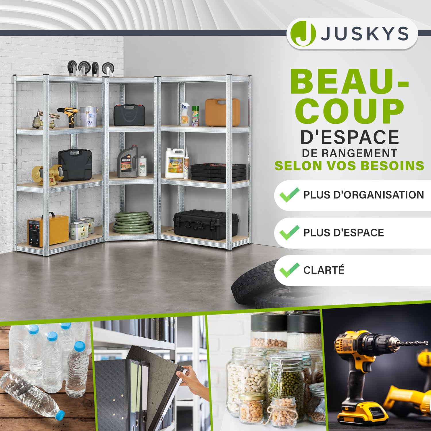 Juskys système de 3 étagères Easy | 1 étagère d'angle et 2 étagères de Stockage | 12 Planches en Bois MDF | 960 kg | Étagère emboîtable pour Charges Lourdes