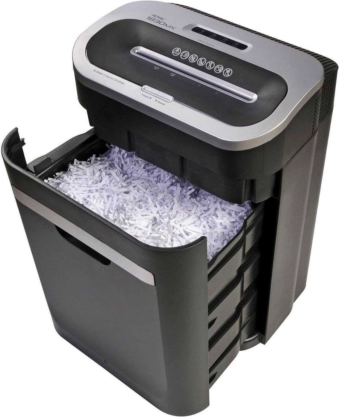 Waste bin of Royal 1830MX shredder pulled out, full of shredded paper