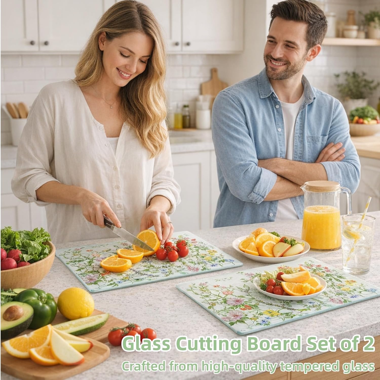 WRINGKIT Set of 2 Floral Tempered Glass Cutting Board, 12x16" Chopping Board with Non-slip Feet, Large Glass Kitchen Countertop Protector, Food Prep Serving, Scratch-Resistant, Easy to Clean