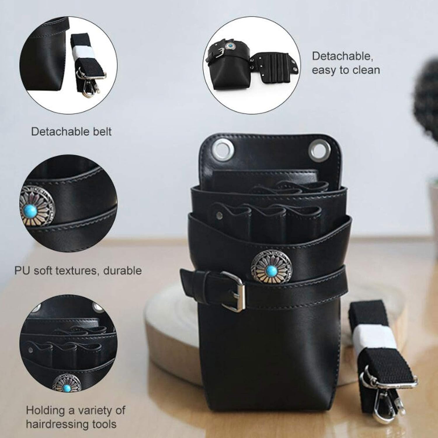 Barber Pocket Pouch, Small PU Pocket Hairdressing Tool with Adjustable Belt Multiple Pockets Professional Practical Waist Pouch for Barber Black