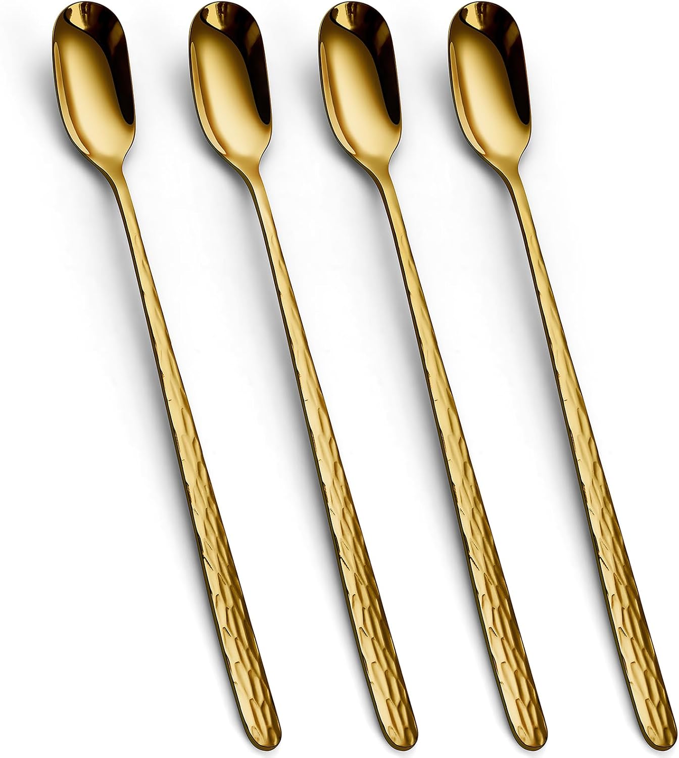 YFWOOD 9.1 Inch Hammered Textured Long Handle Iced Tea Spoons Set of 4 | Anti-Slip Stainless Steel Cocktail Stirring Spoon for Tall Glasses, Milkshake, Ice Cream, Bar Drinks