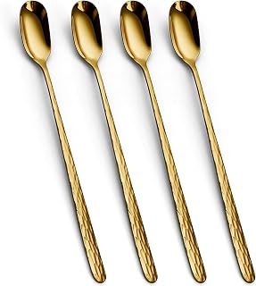 YFWOOD 9.1-Inch Long Handle Iced Tea Spoon, Ice Cream Spoon, Long Coffee Spoons, Stainless Steel Cocktail Stirring Spoons - Set of 4 (Gold)