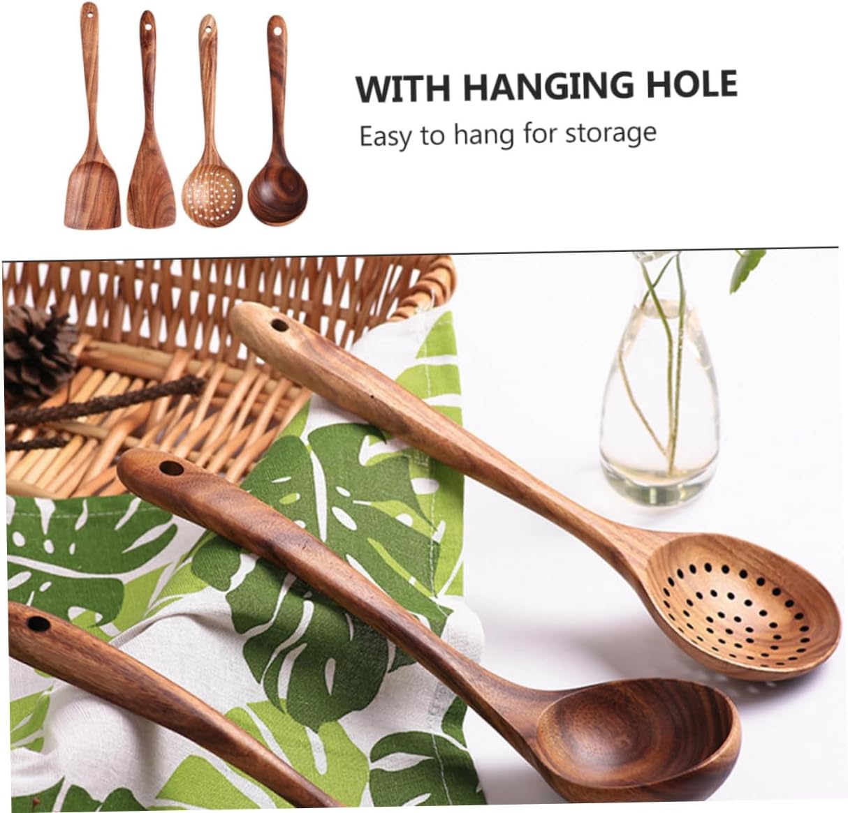 Wooden Cooking Utensil Temperature-resistant Spoon Ladle Spatula Skimmer Kitchen Tools for Household Use with Anti-scald Non-slip Design and Space-saving Hanging Storage